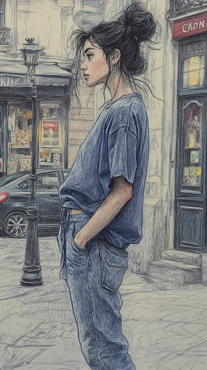 Young woman in oversized outfit on Parisian city sidewalk