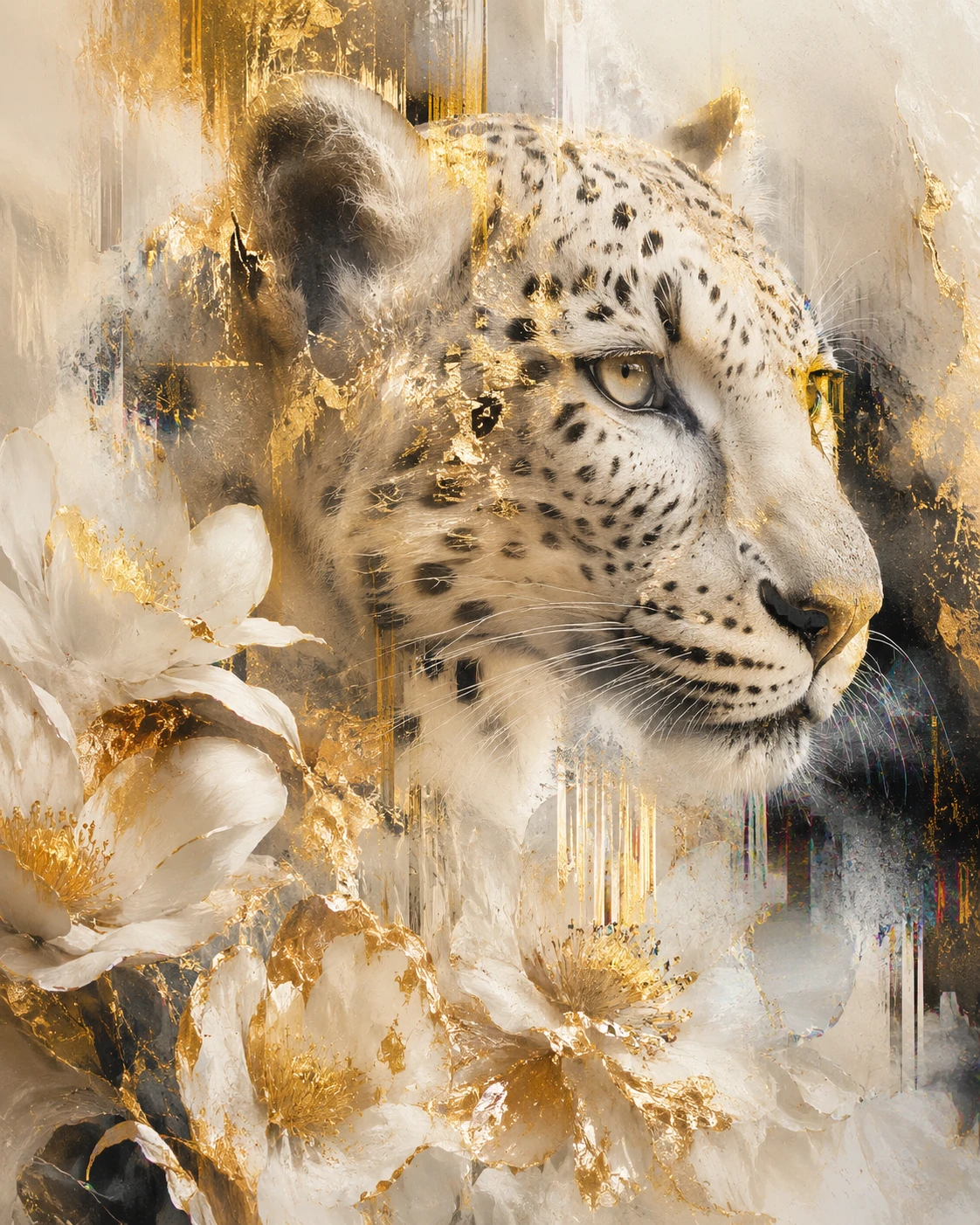 White leopard close up with gold floral neon accents