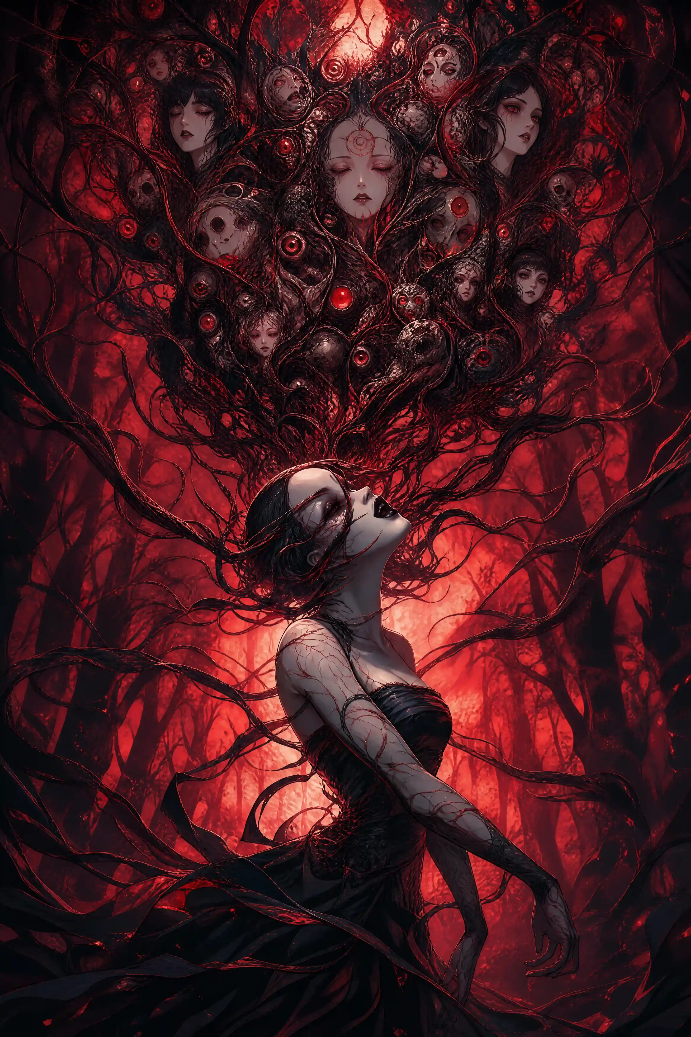 Surreal horror woman beneath a hive of fragmented faces