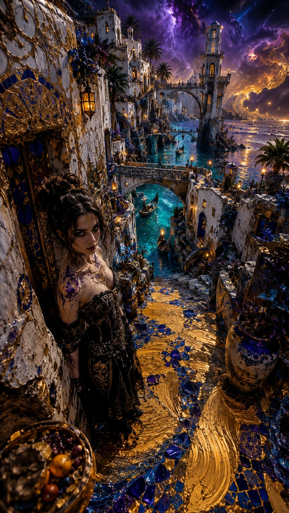 Gothic woman in surreal Mediterranean alley from low angle