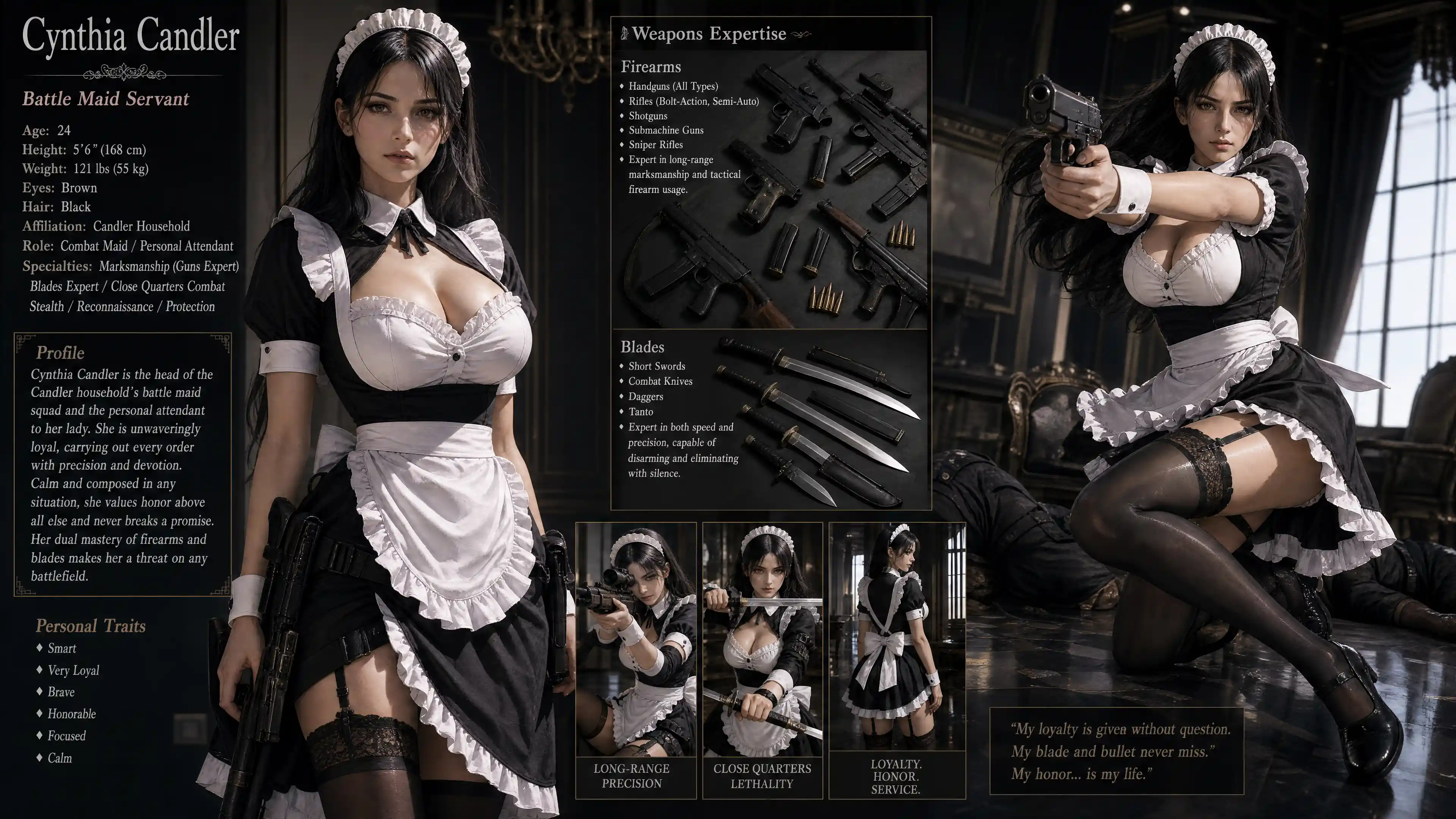 Battle ready maid warrior woman with guns and blades