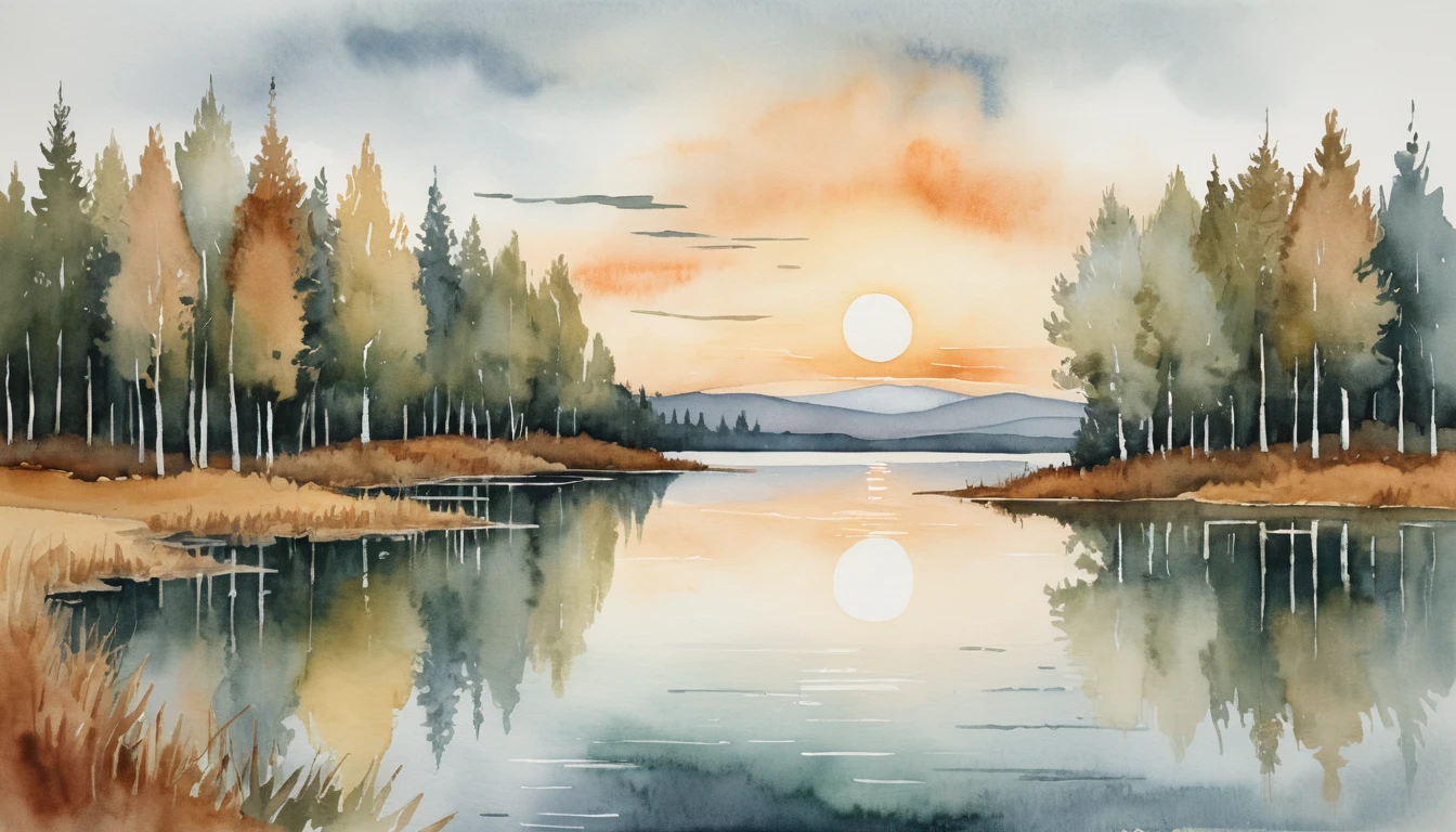 Abstract lake landscape with sunset reflections and trees