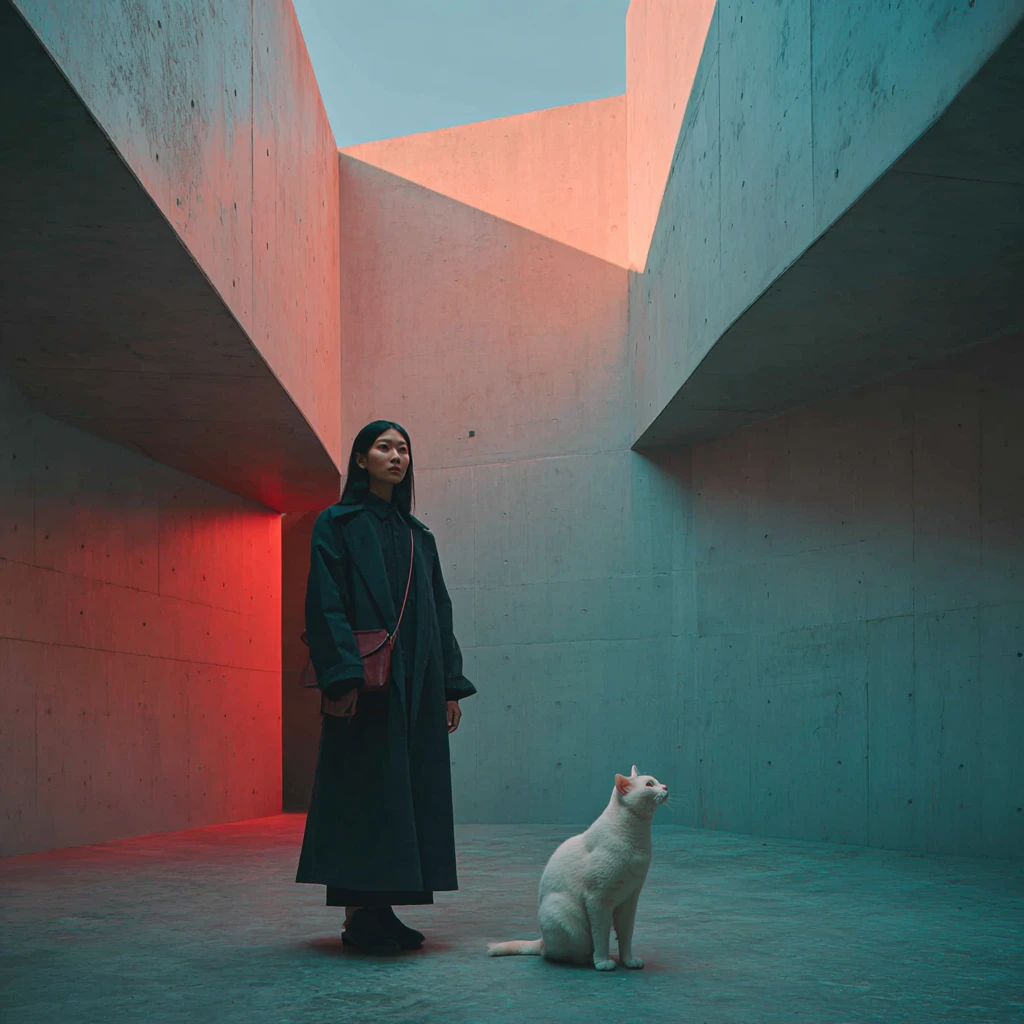 Woman and white cat in a minimalist concrete courtyard
