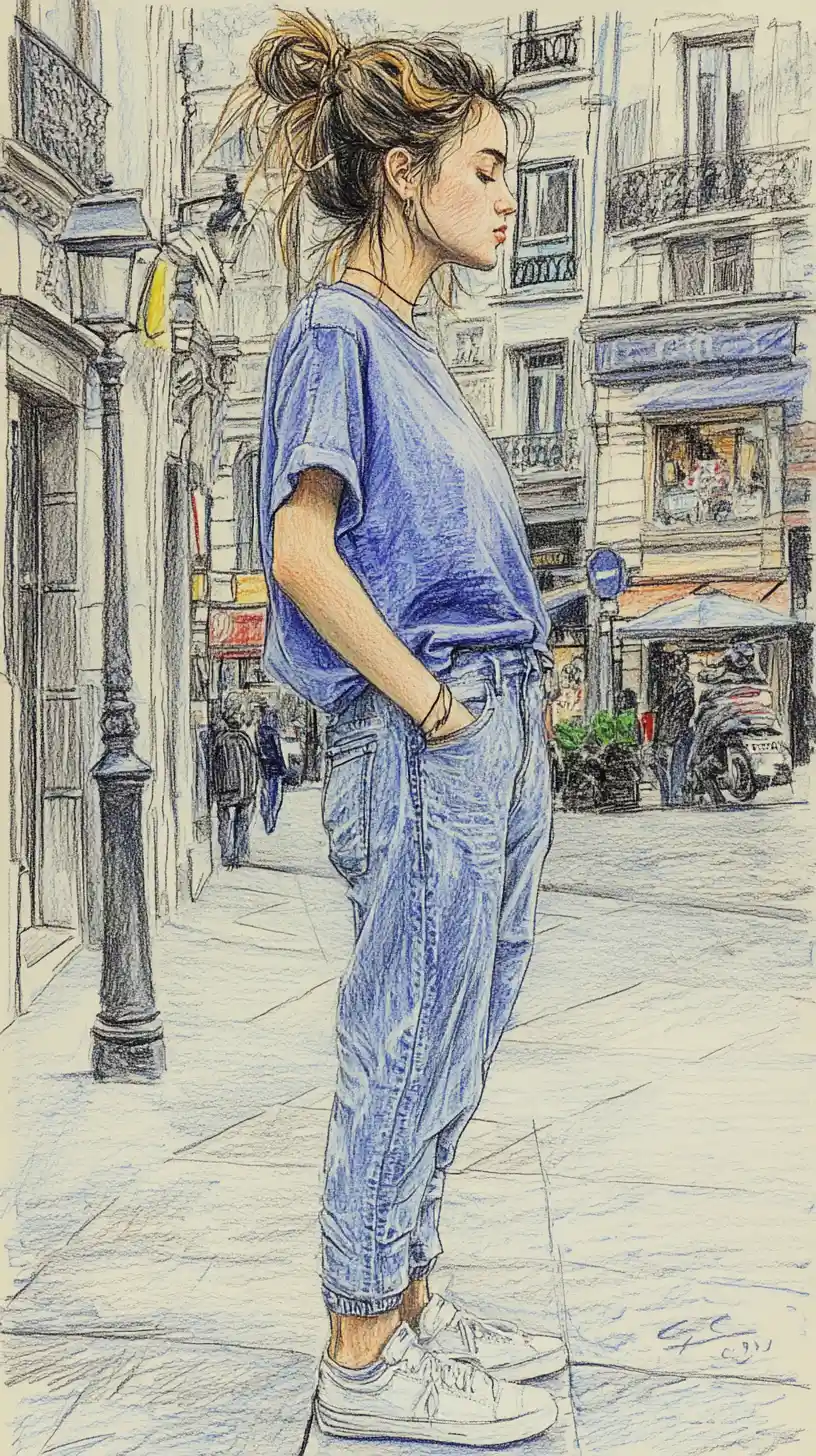 Young woman in oversized clothes on a Parisian city street