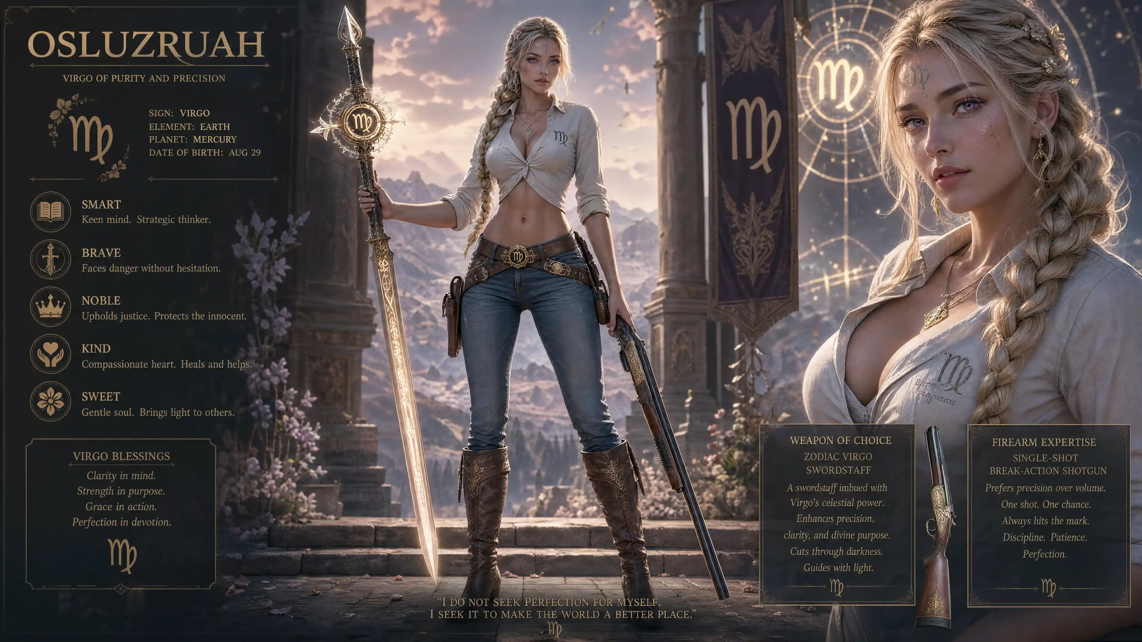 Blonde warrior woman with Virgo markings and swordstaff