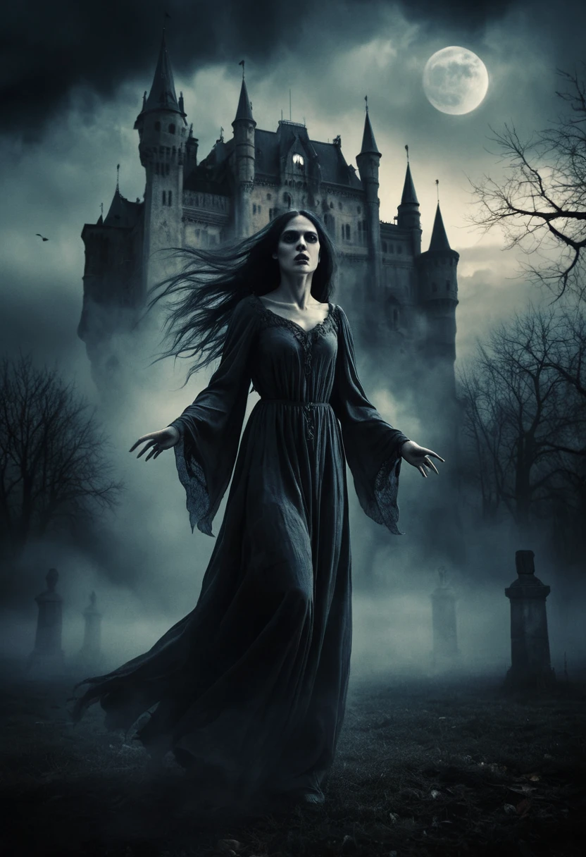 Ghostly Romanian strigoi woman before a haunted castle