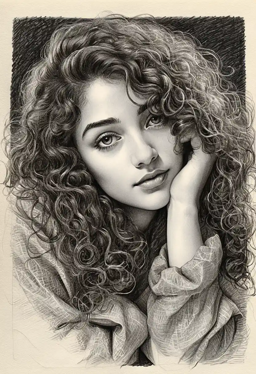 Charcoal pencil portrait of a girl resting on her arms