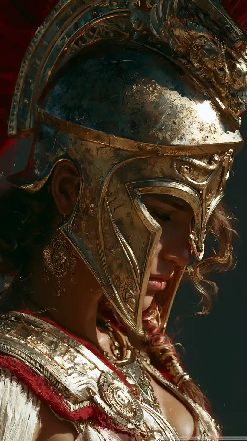 Beautiful woman in spartan helmet with bright dramatic lighting