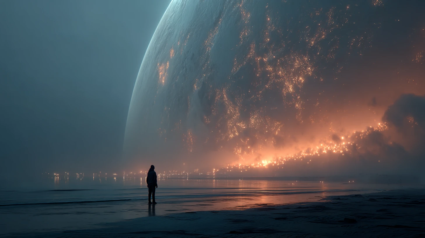 Colossal alien planet looming above a desolate rocky landscape