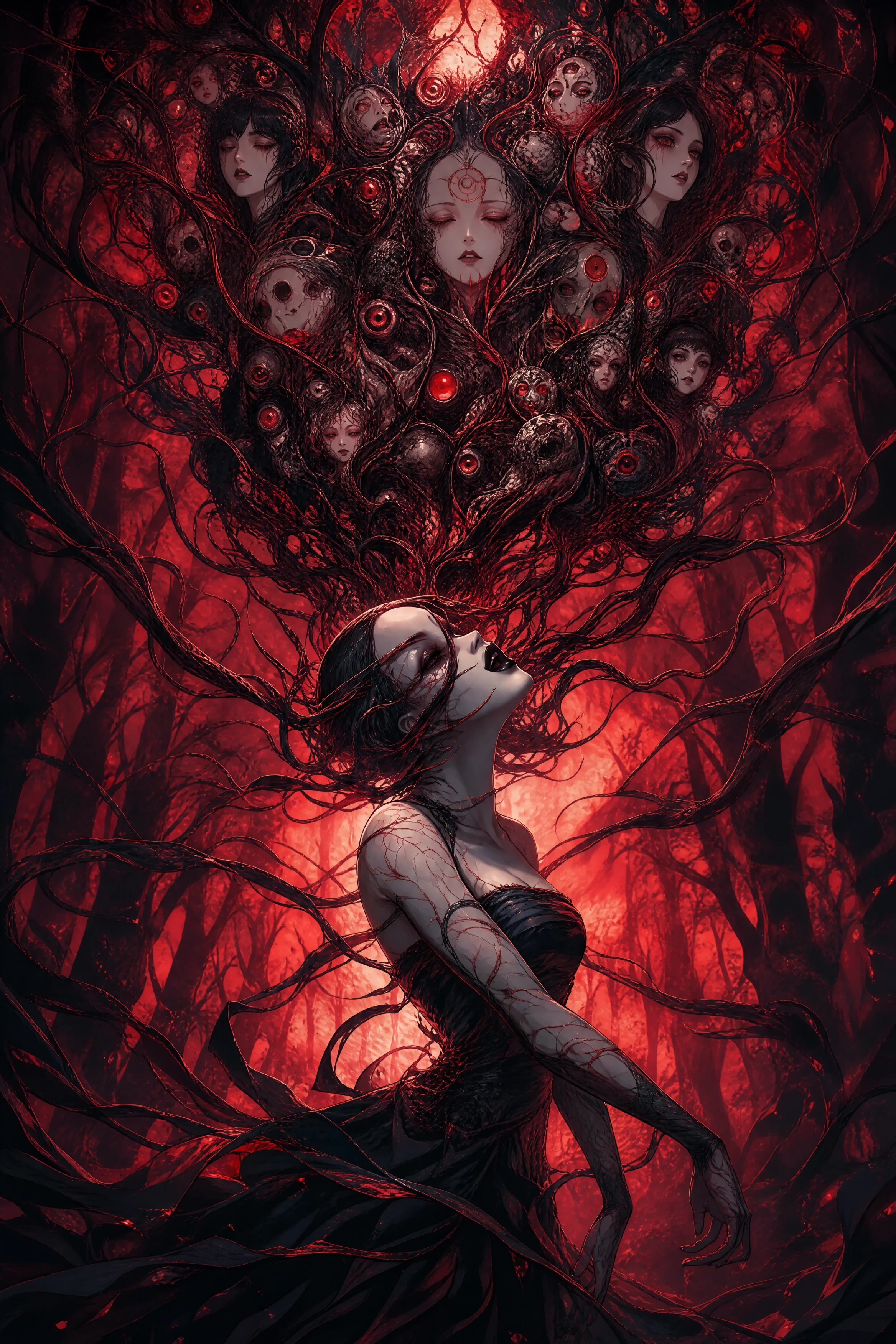 Surreal horror woman beneath a hive of fragmented faces