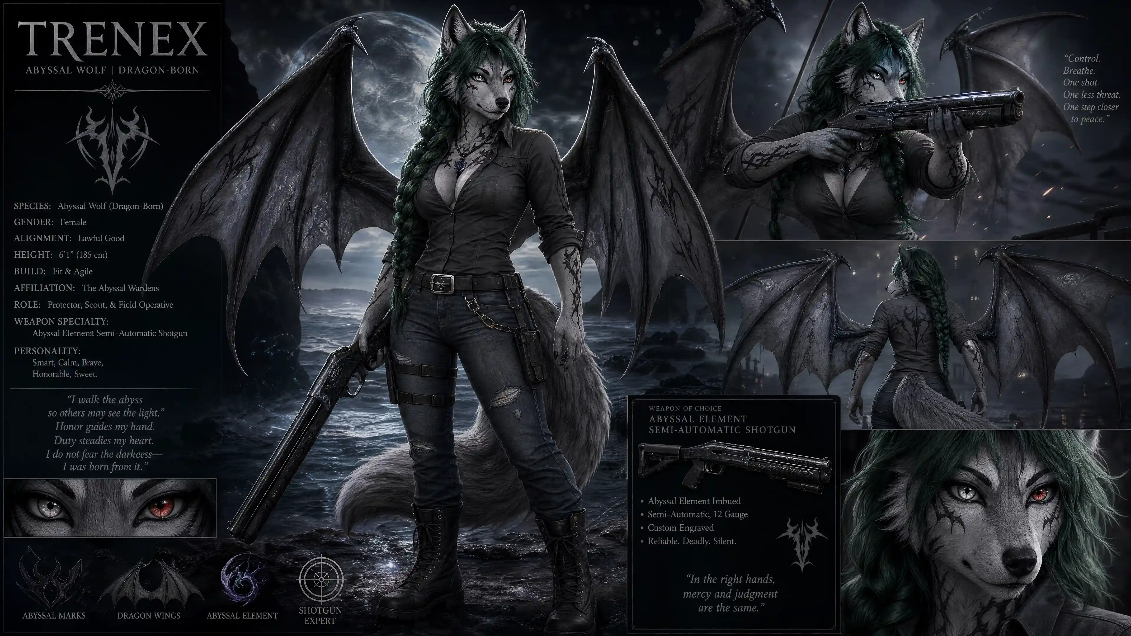 Anthro wolf woman with dragon wings and abyssal shotgun