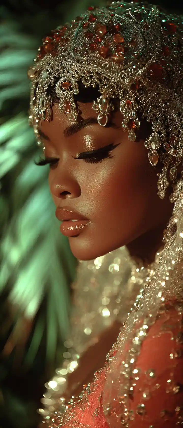 Elegant woman in silver headdress in a lush forest