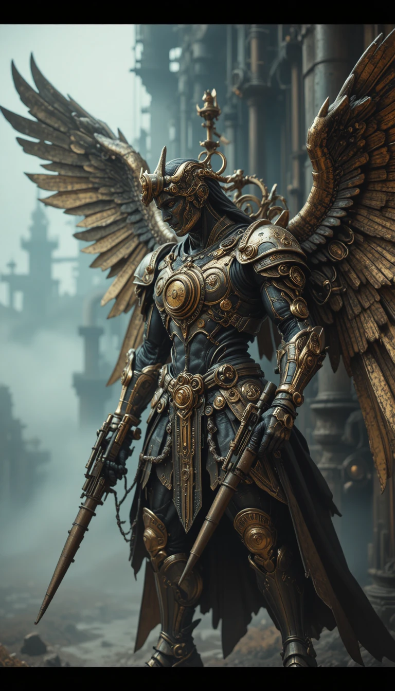Steampunk angel warrior amid towering industrial machinery