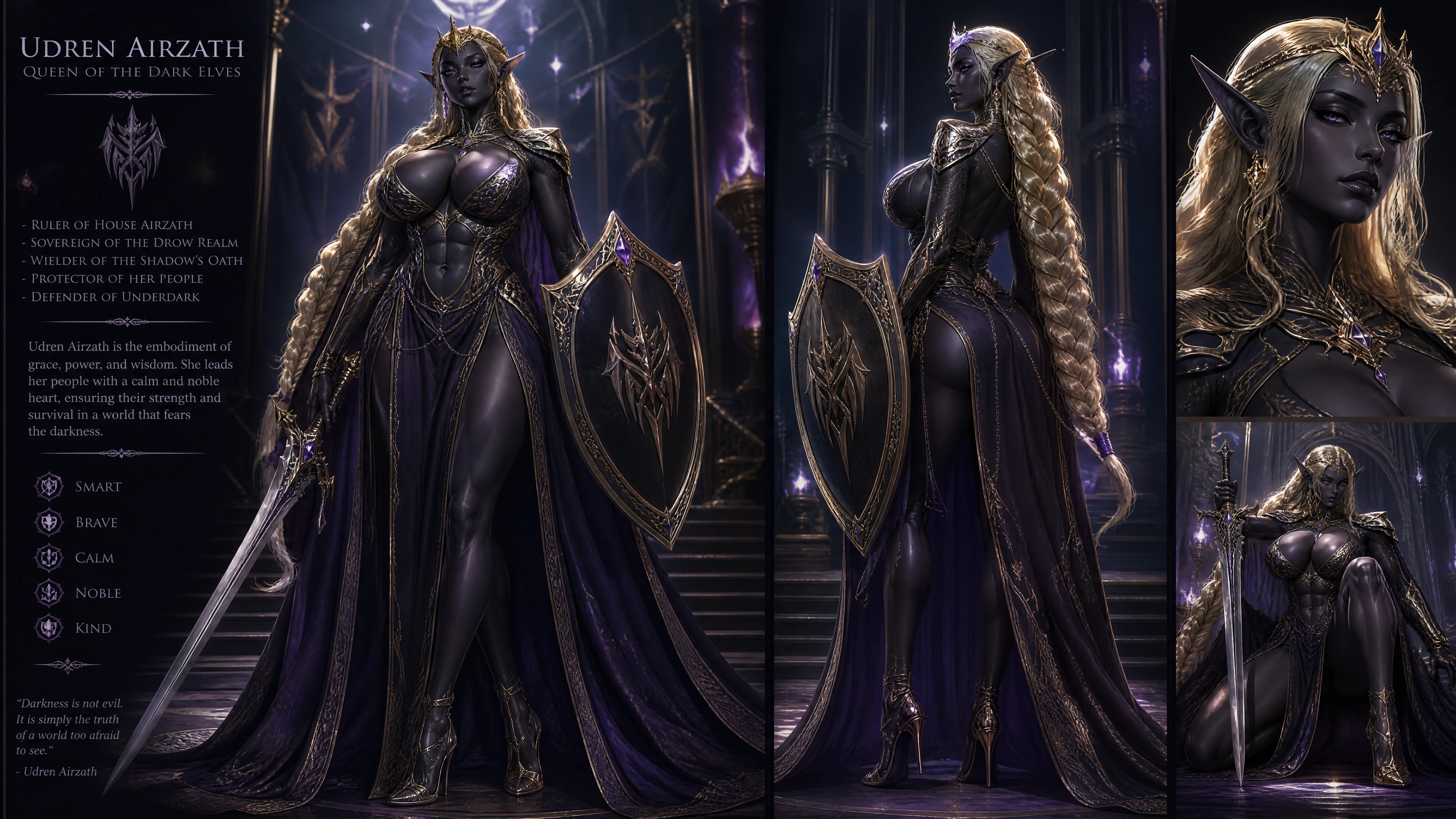 Dark elf queen with golden braids and royal armor