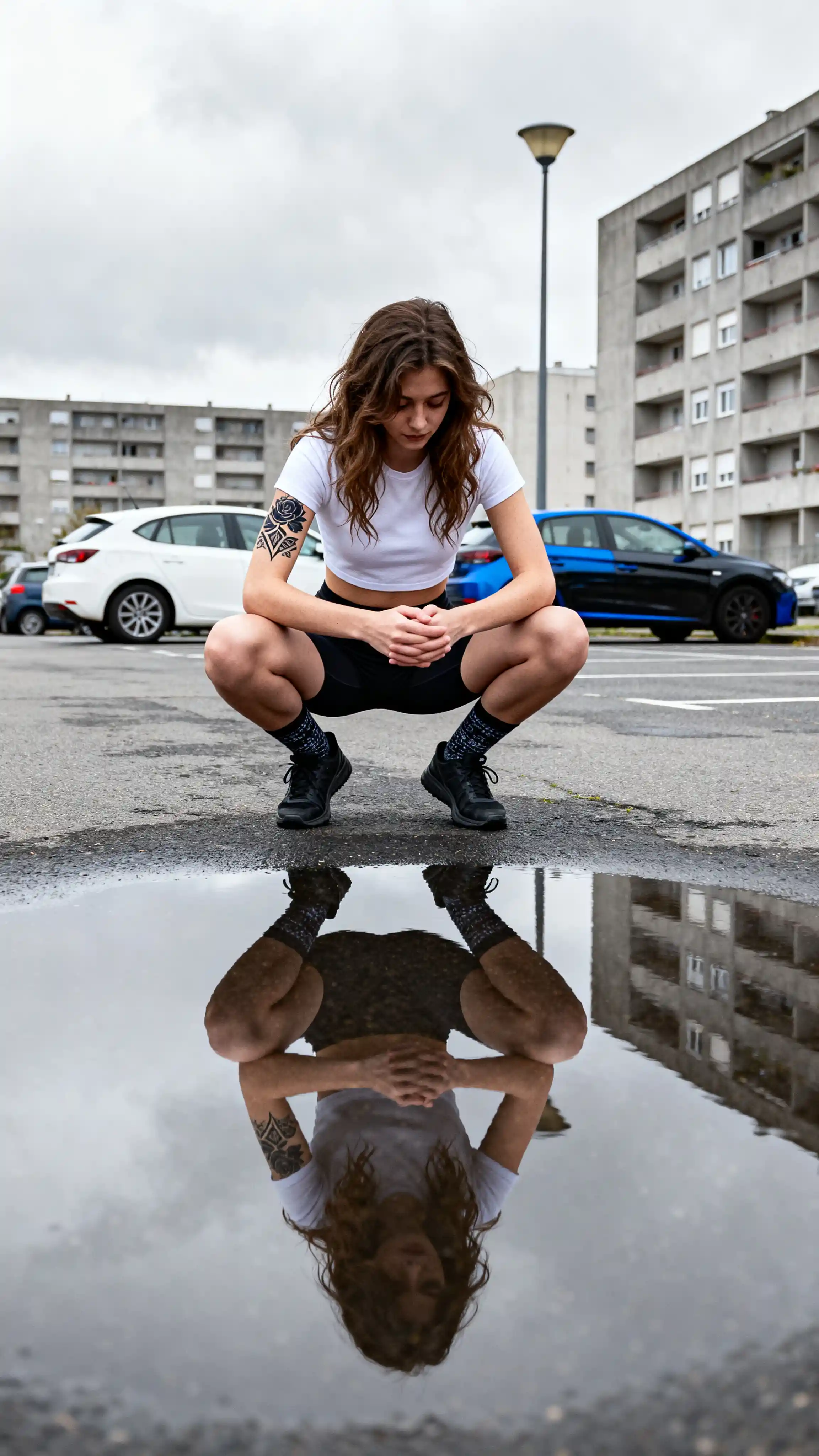 Young urban woman squatting by a reflective puddle