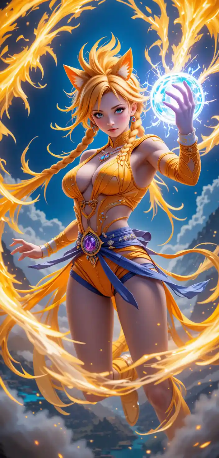 Energetic anime warrior woman unleashing a skyward blast
