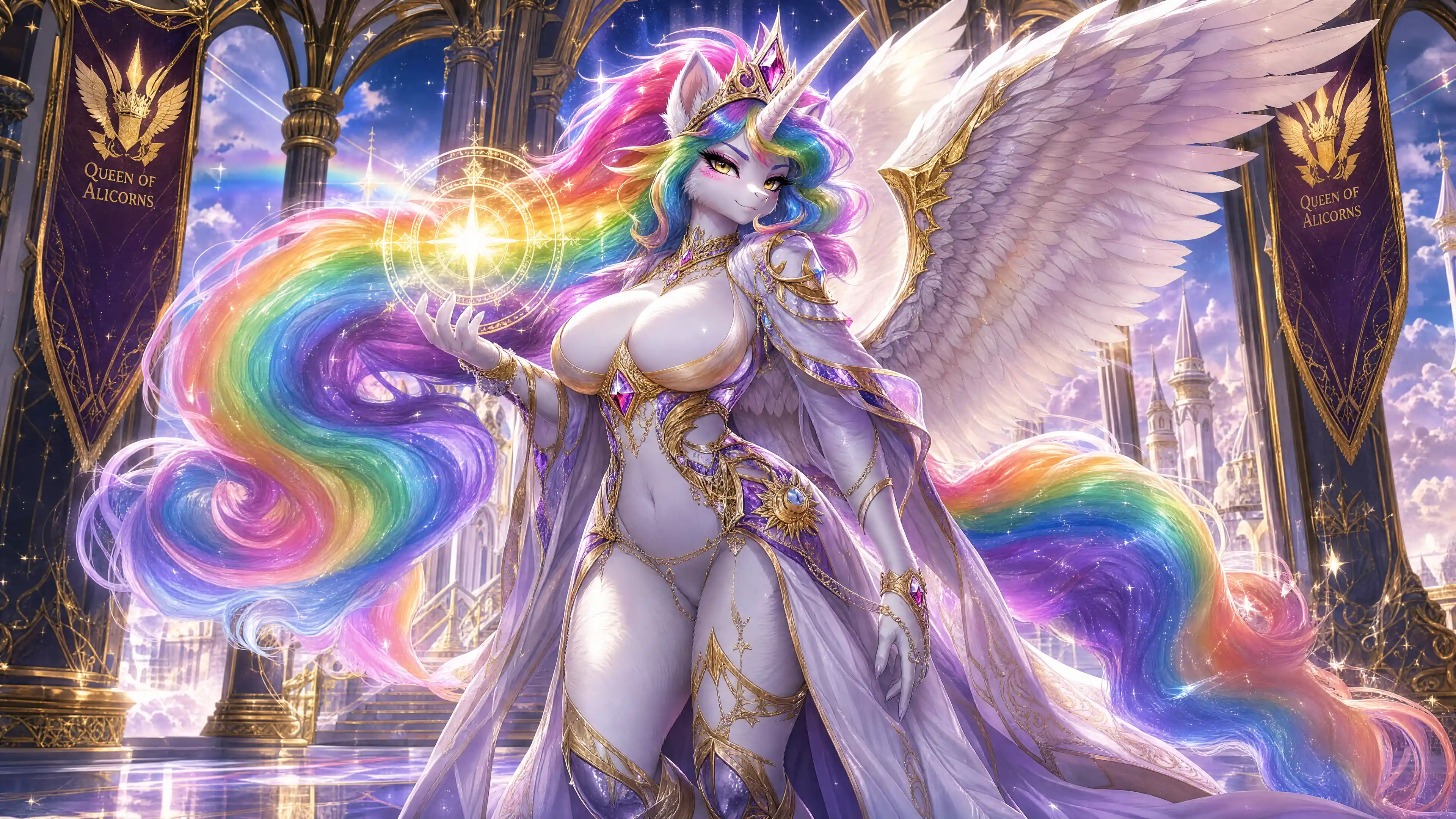 Winged rainbow alicorn queen with flowing multicolored hair