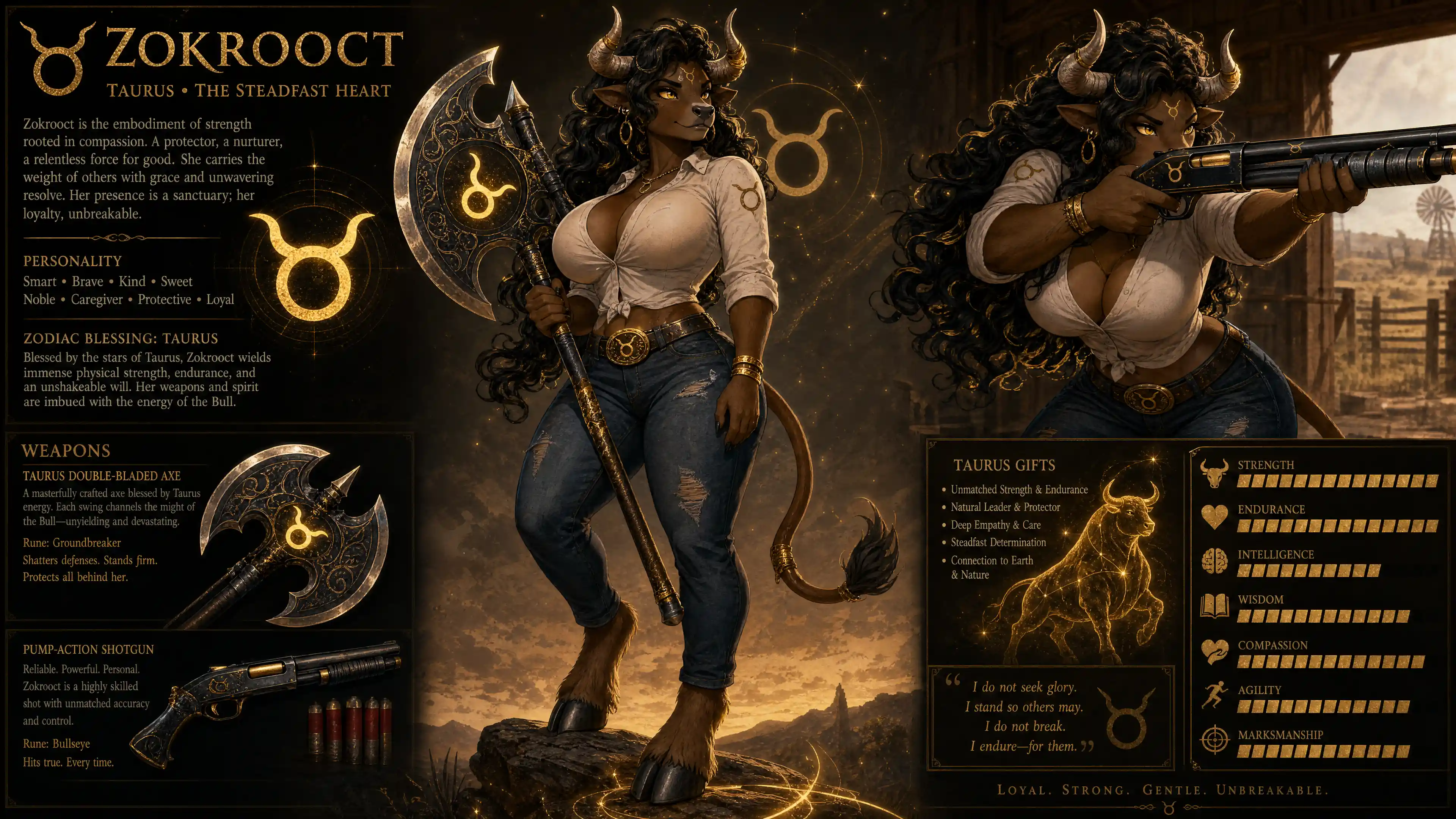 Strong taurus horned woman with weapons in casual clothes