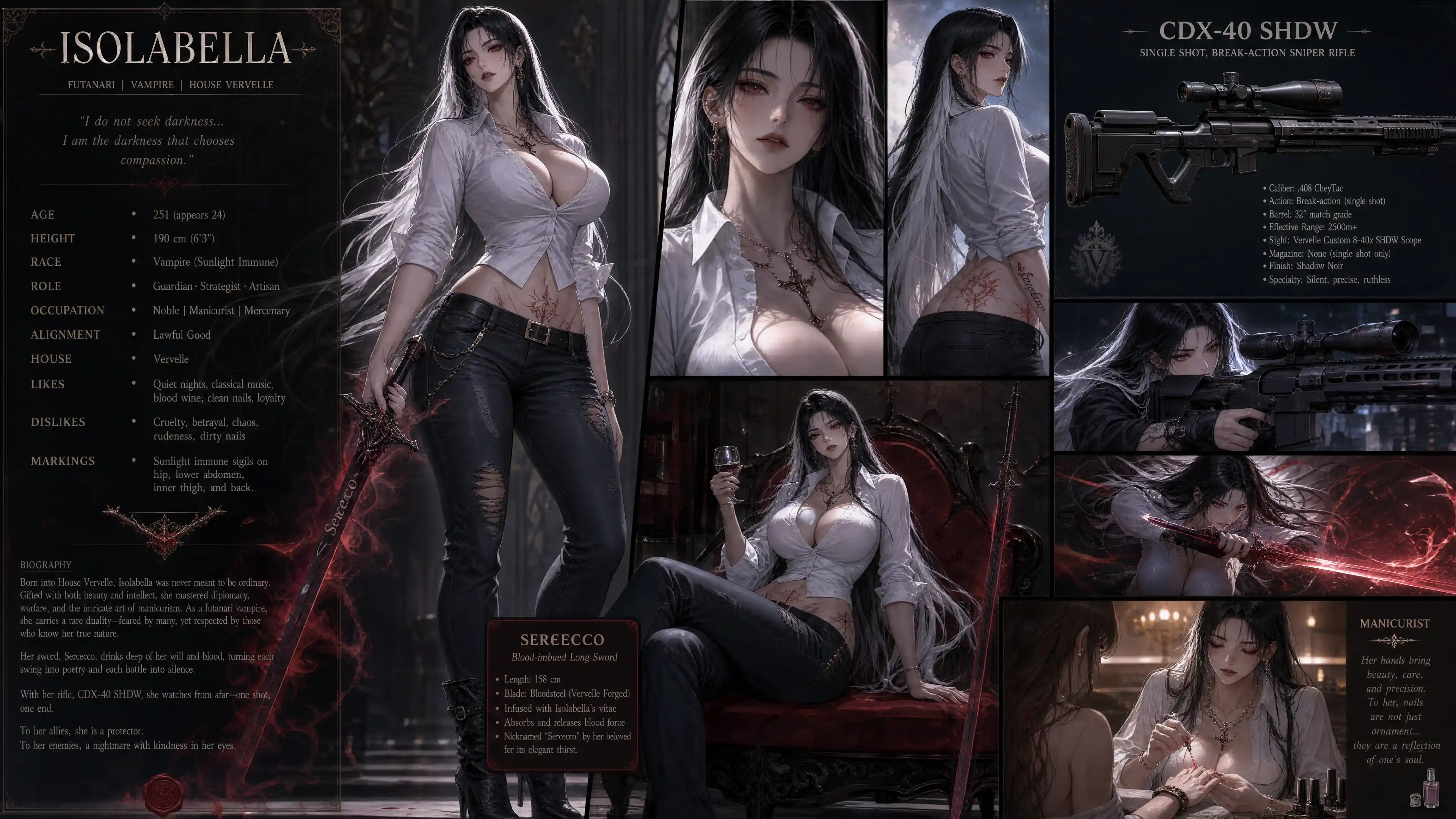 Tall vampire woman with sword and sniper rifle