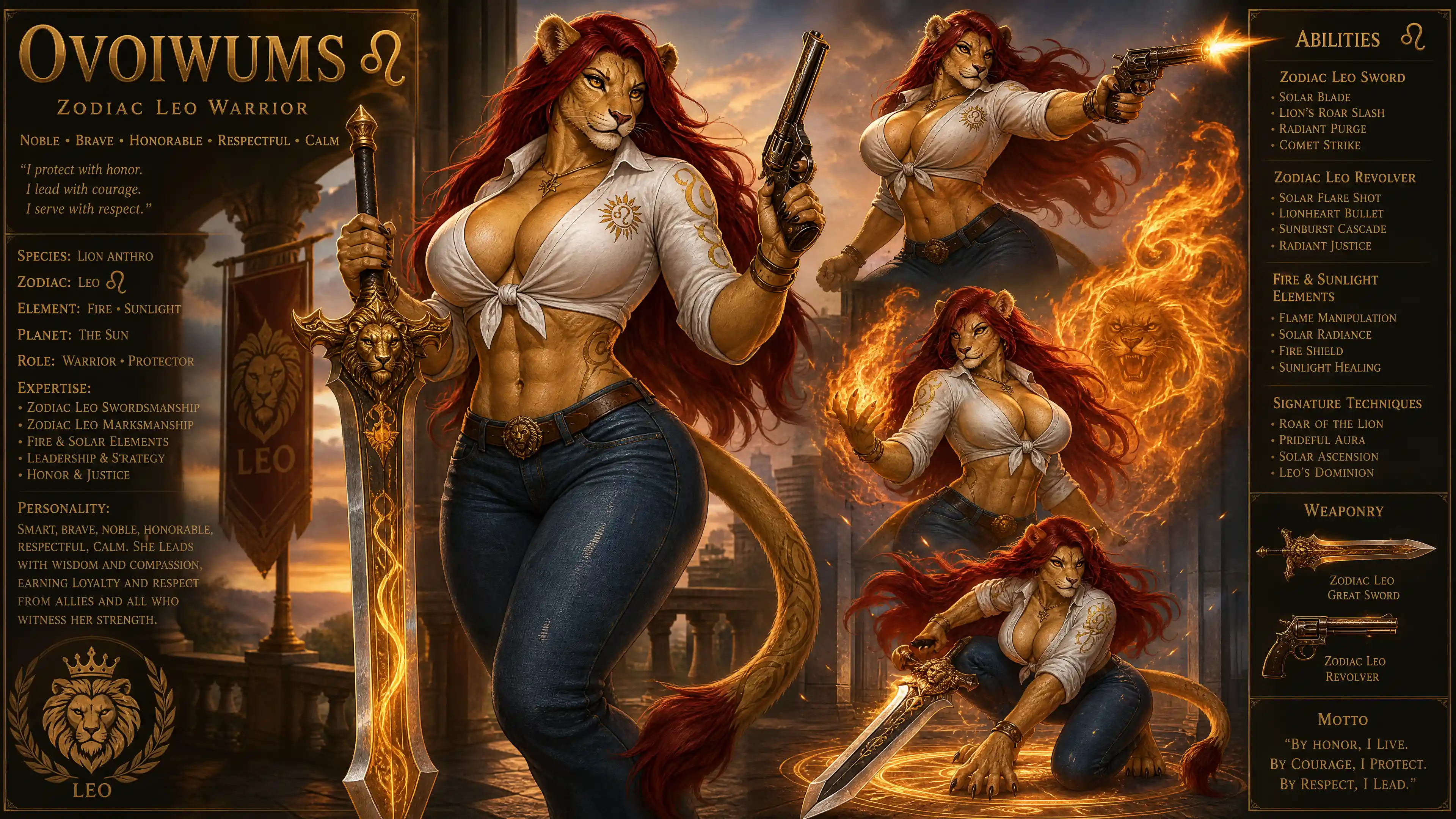Anthro lion warrior woman with sword and revolver