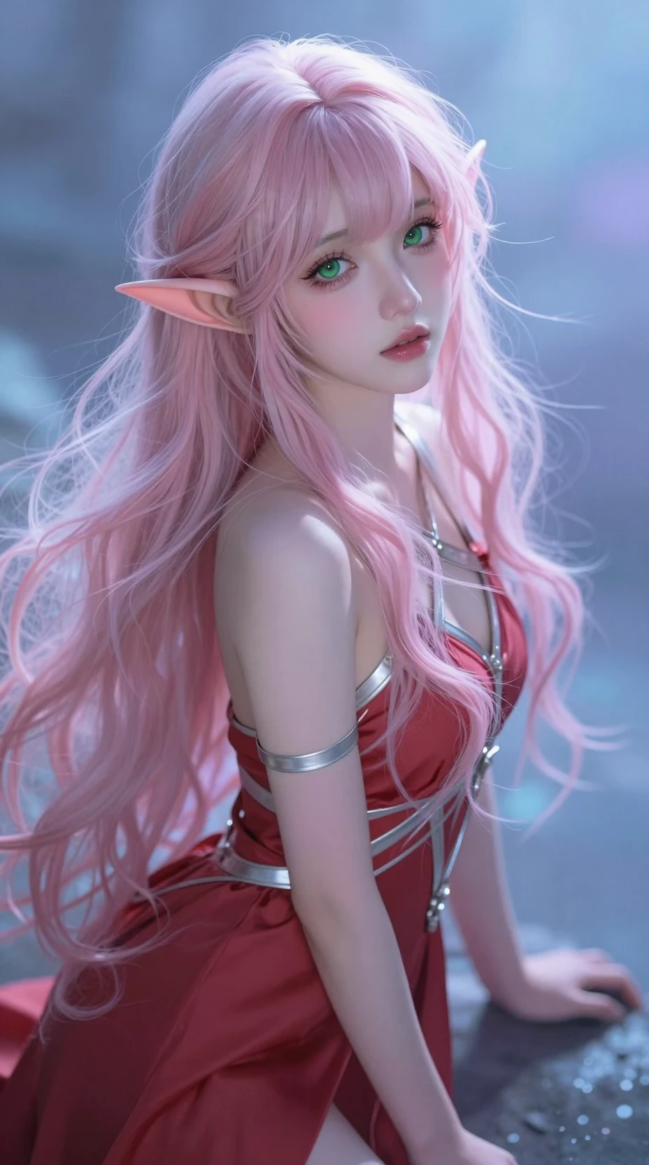 Pastel haired elf girl in a red fantasy dress