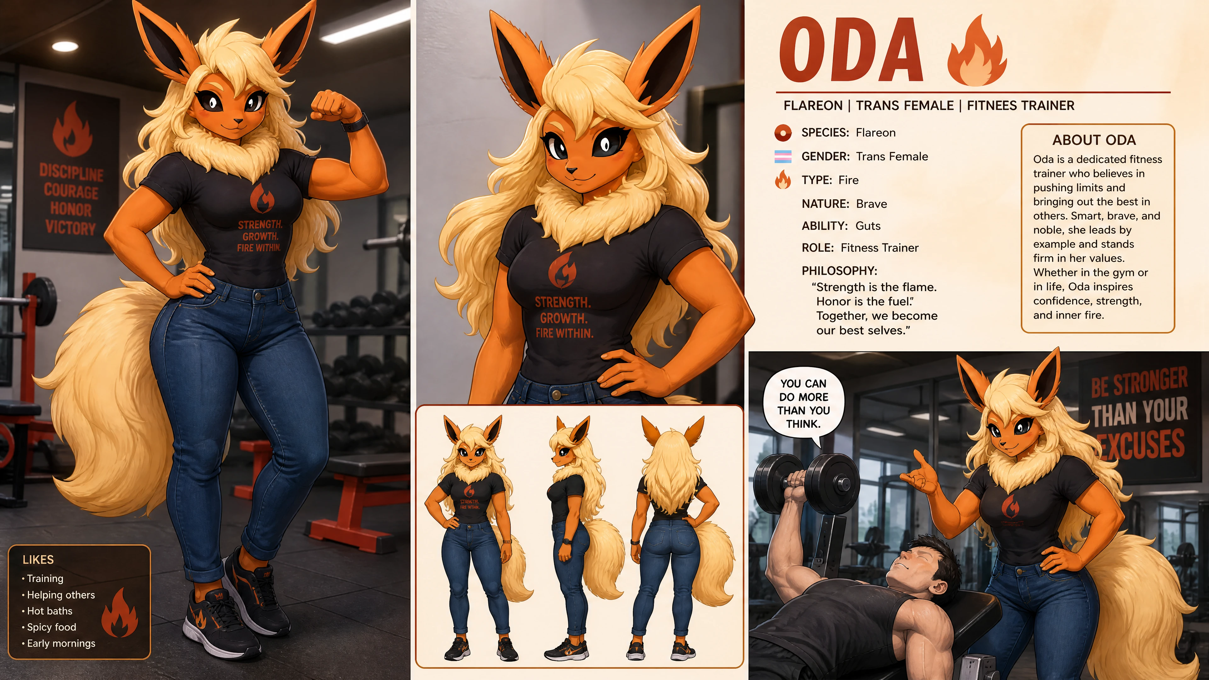 Donna flareon antropomorfa bionda in abbigliamento casual