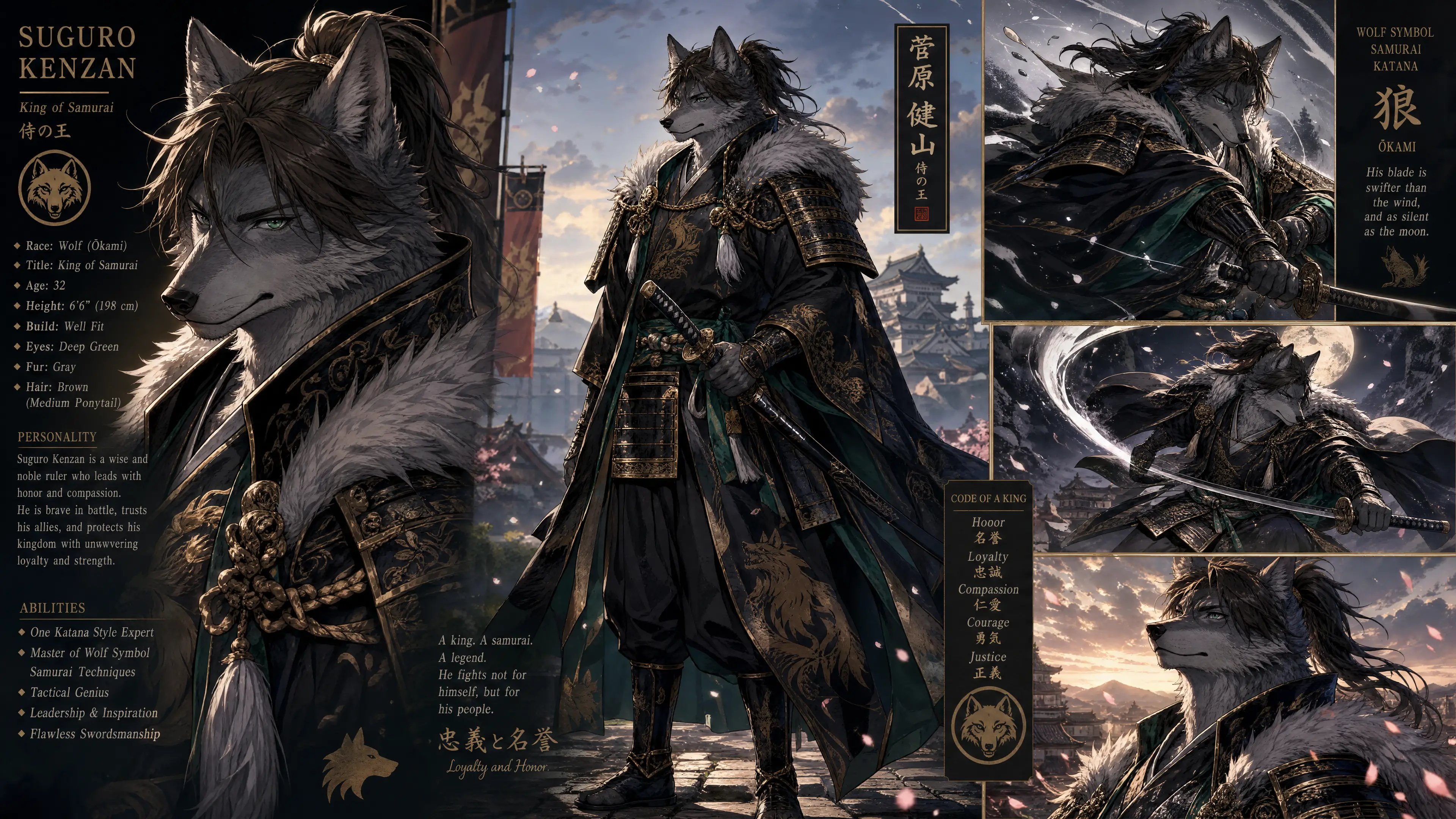 Anthro wolf samurai king in royal armor standing proudly