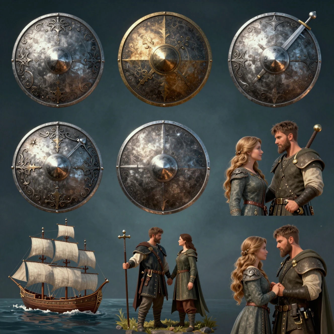 Colagem digital mística de vikings com escudo, espada e navio