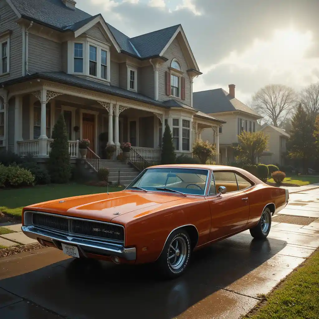 Vintage Dodge Charger auf einer nassen Wohnhausauffahrt