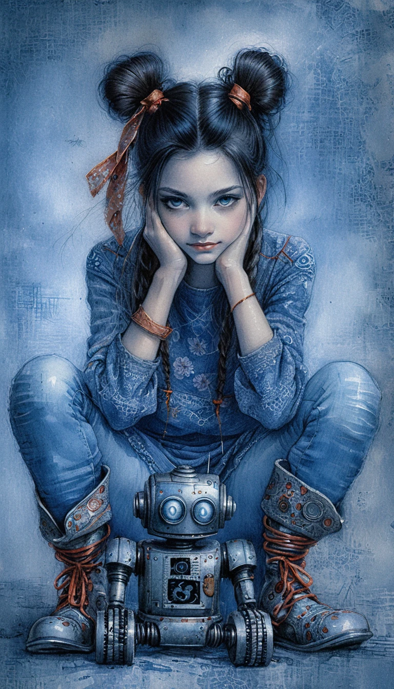 Girl sitting with vintage robot in tender eye contact