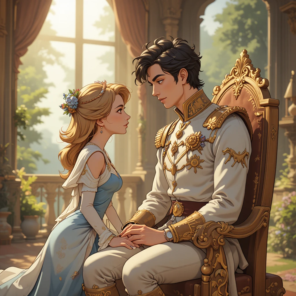 Cartoon prince on a throne facing a servant on his lap