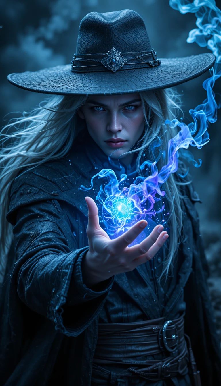 White haired mage conjuring blue magic in the wind
