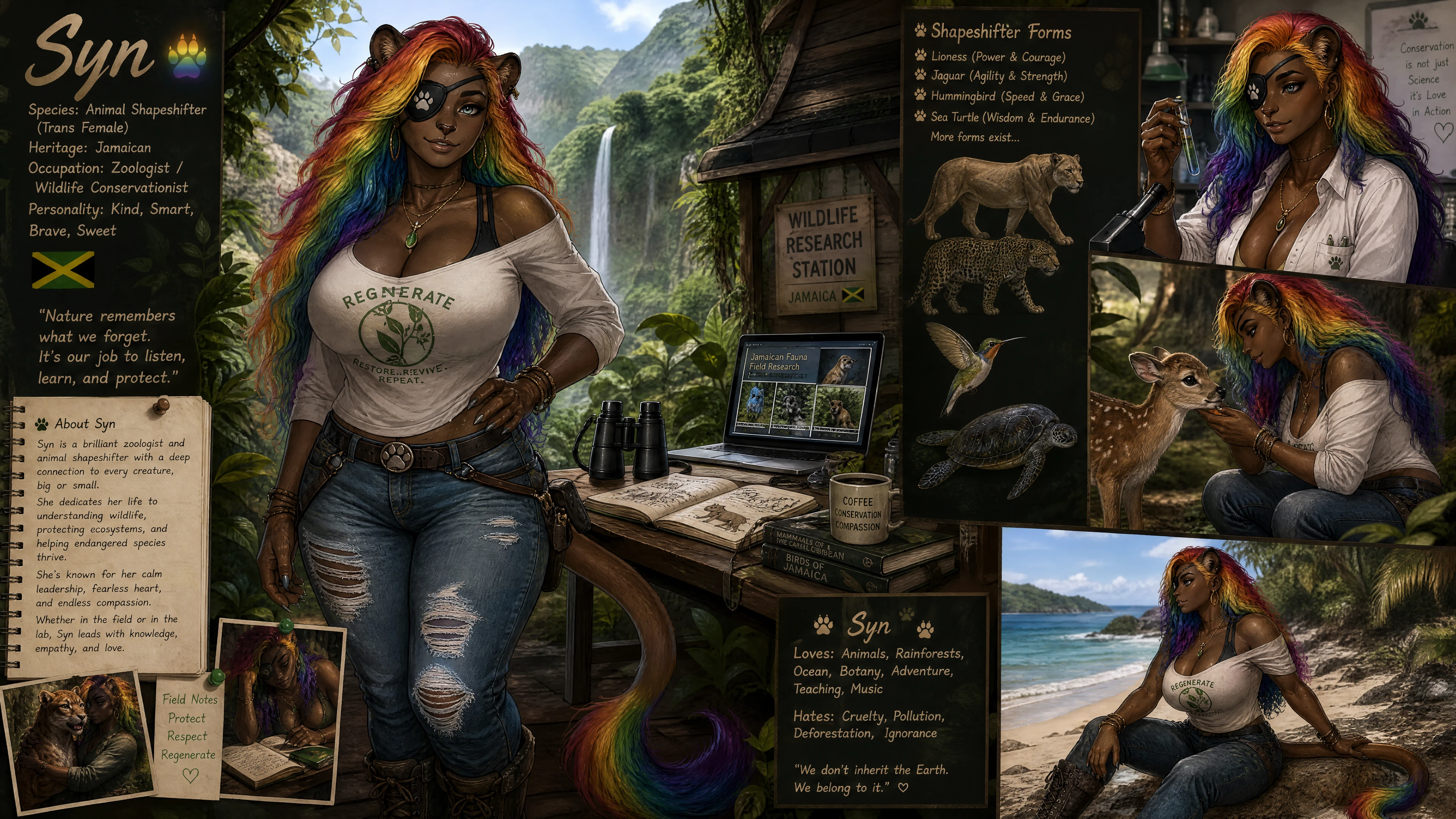 Brave trans woman shapeshifter with rainbow hair and eye patch