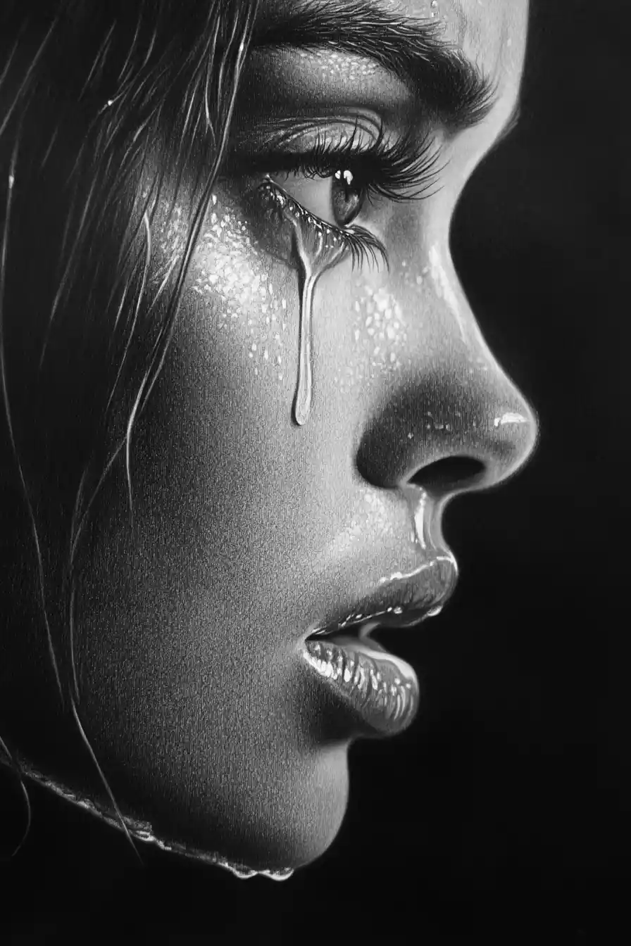 Charcoal portrait of a crying woman in dramatic profile