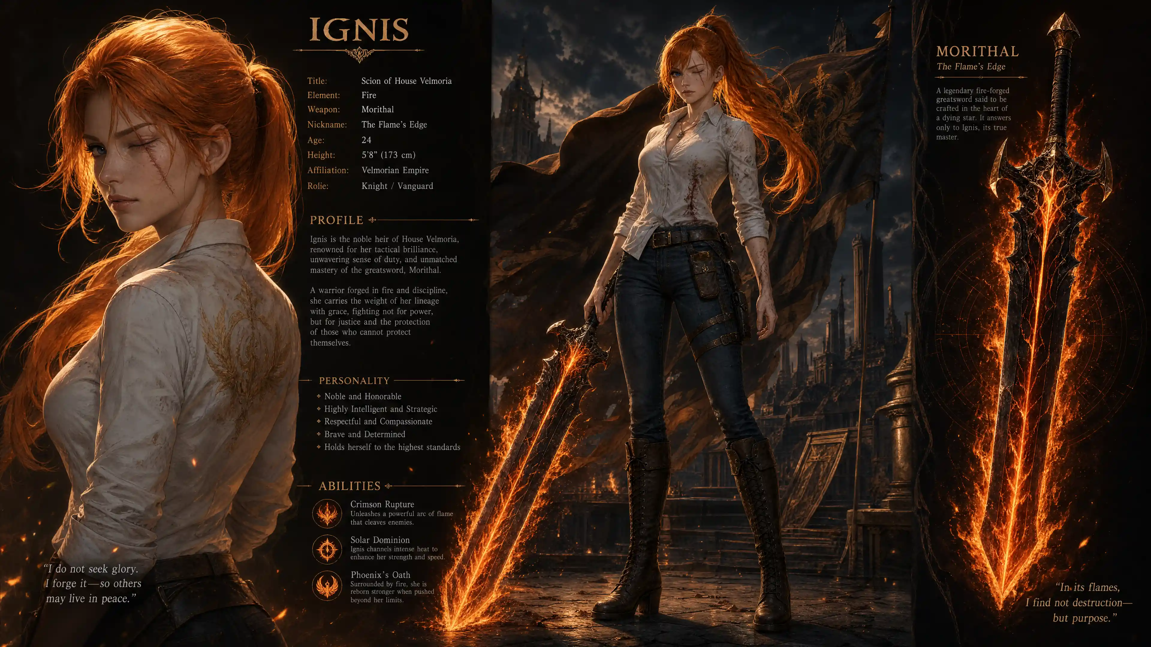 Brave orange haired warrior woman with a massive fire sword