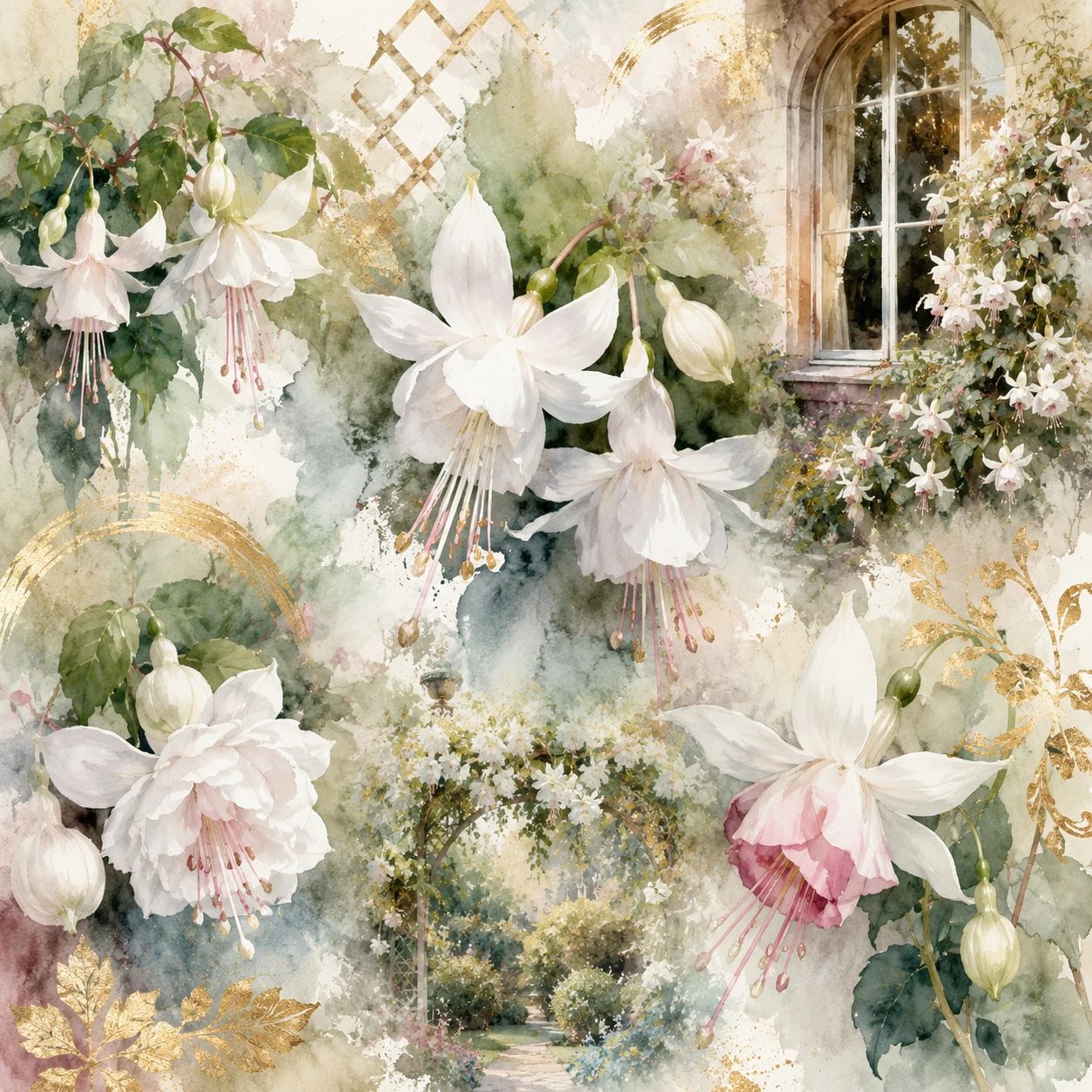 Watercolor moodboard of white fuchsia flowers in a garden