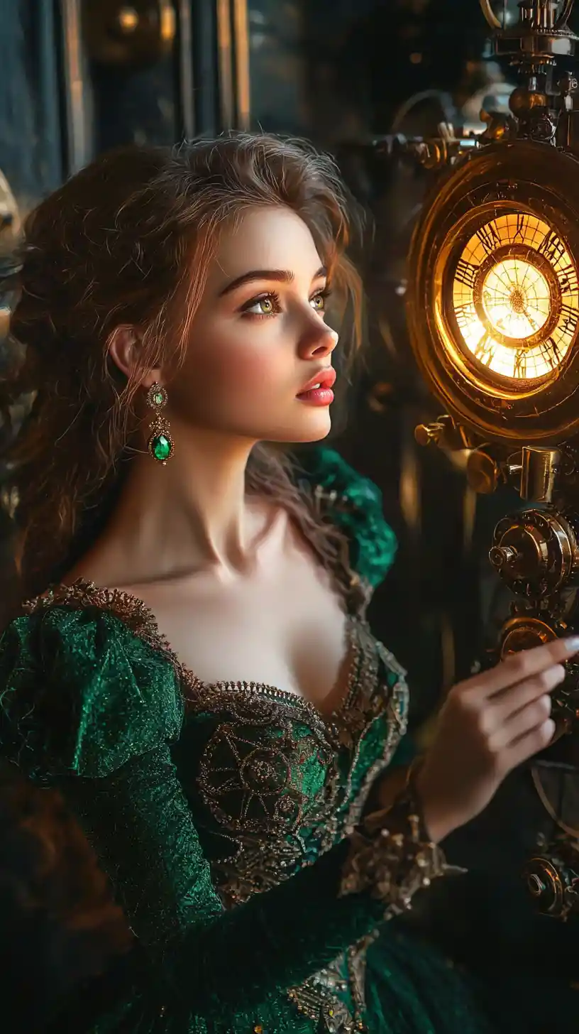 Regal woman wishing beside a glowing celestial mechanism