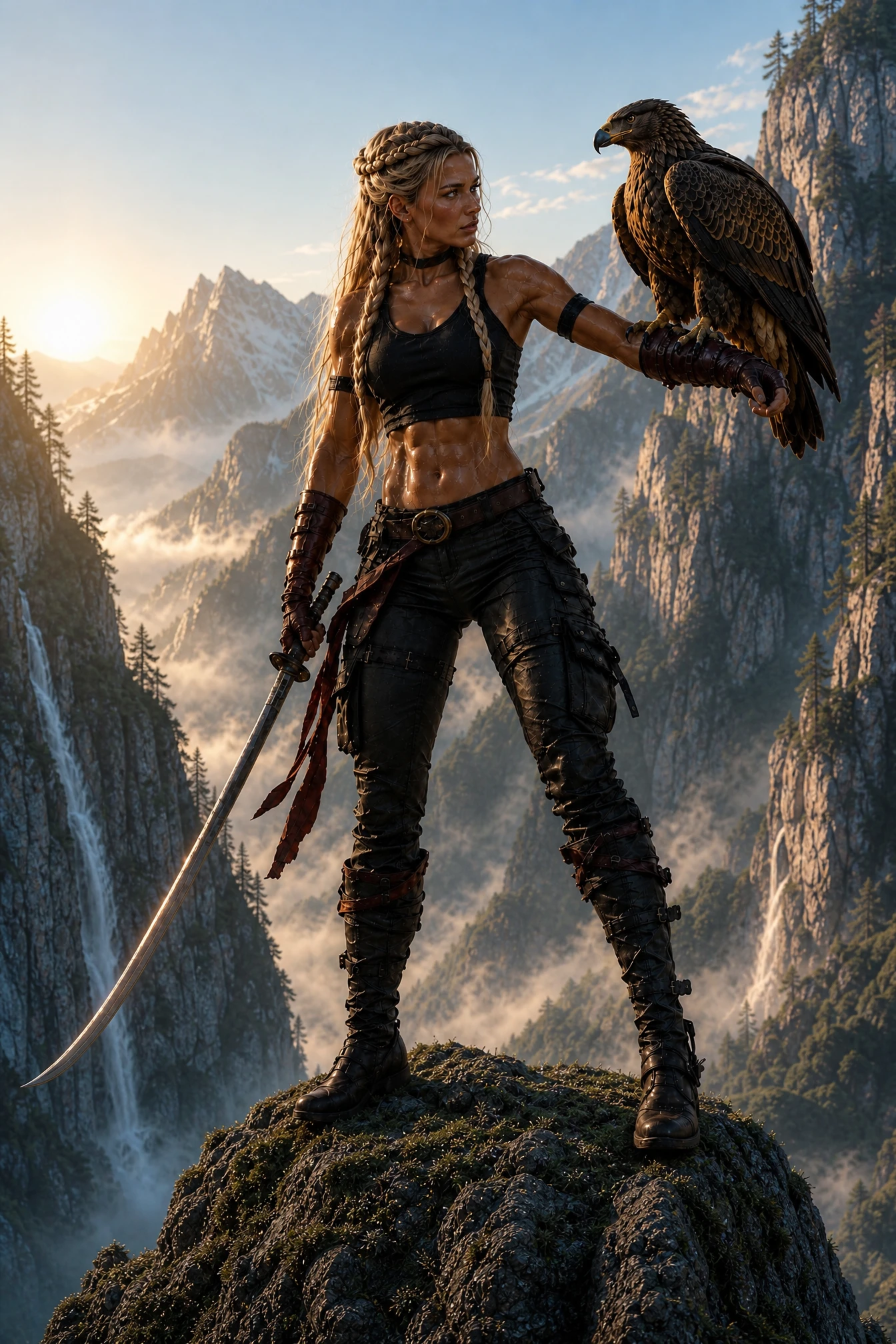 Blonde warrior woman with eagle on dawn mountain summit