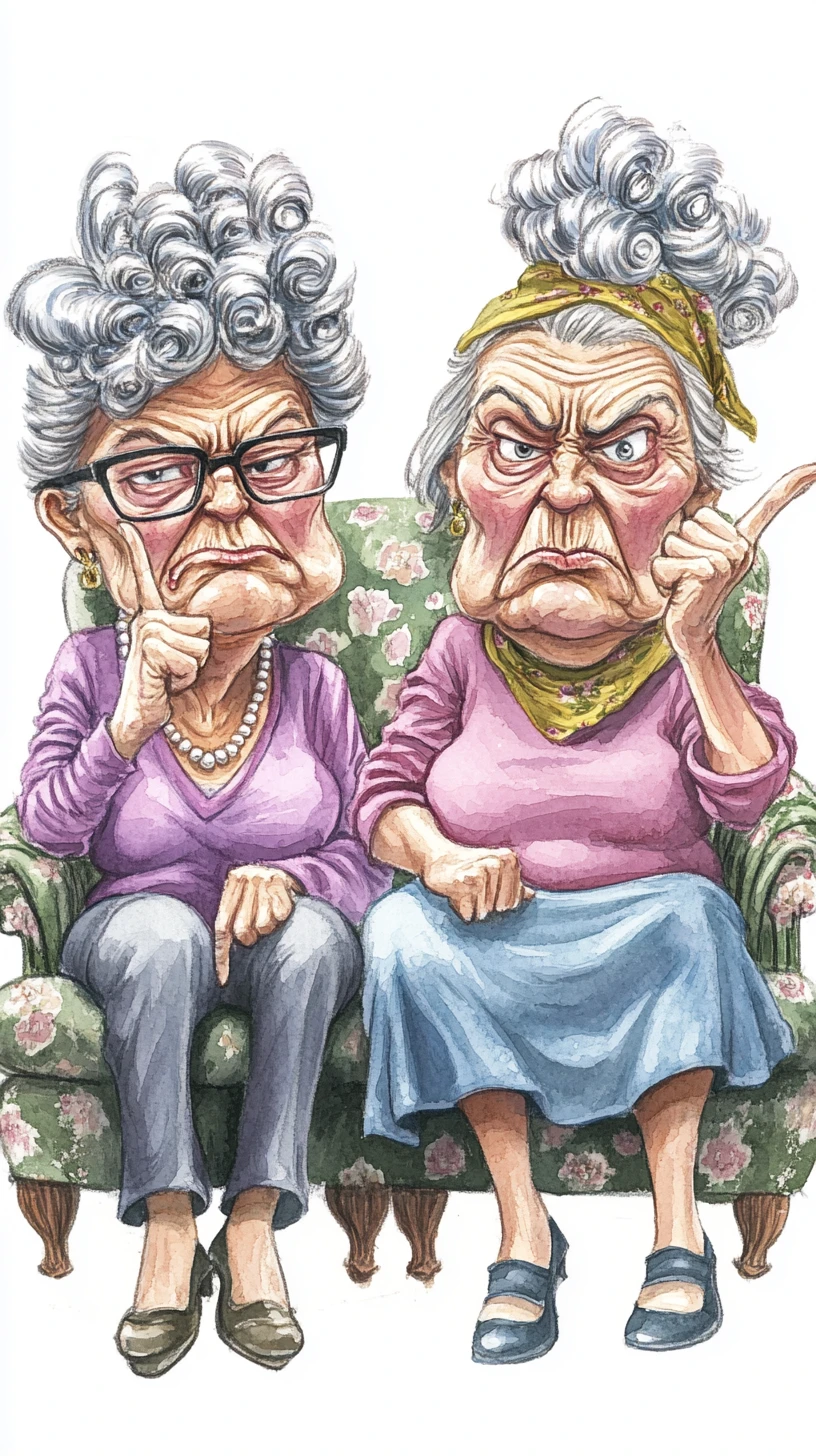 Two grumpy old ladies on a couch giving the finger