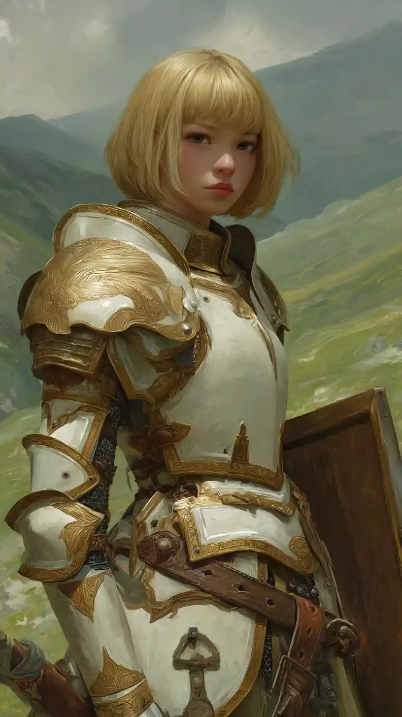 Fantasy paladin portrait on a grassy hillside