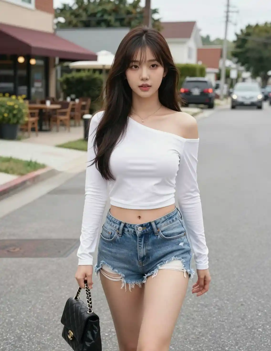 Young Asian woman walking on a sunny suburban street