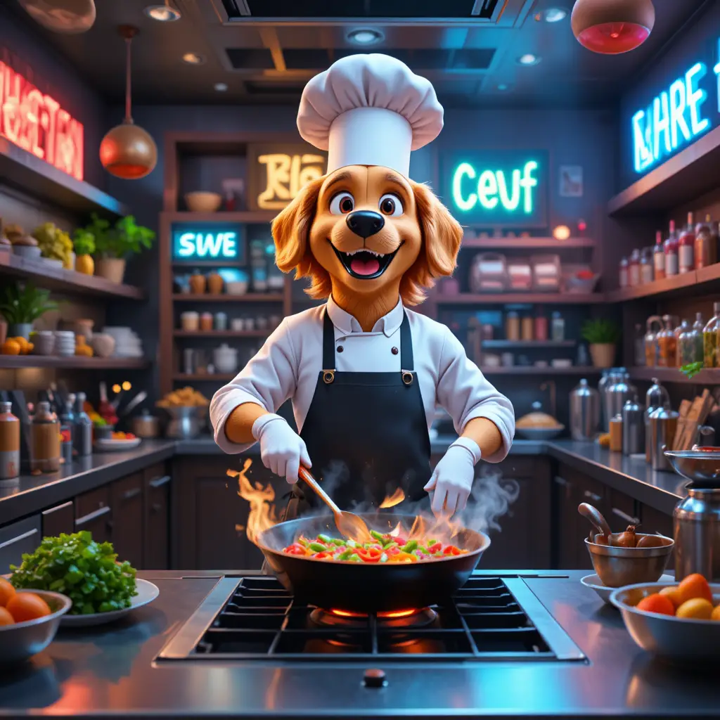 Golden retriever chef cuisinant dans une cuisine de restaurant animée