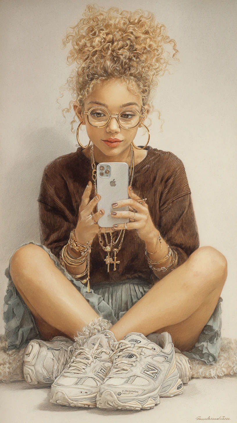 Young woman taking a mirror selfie on bedroom floor