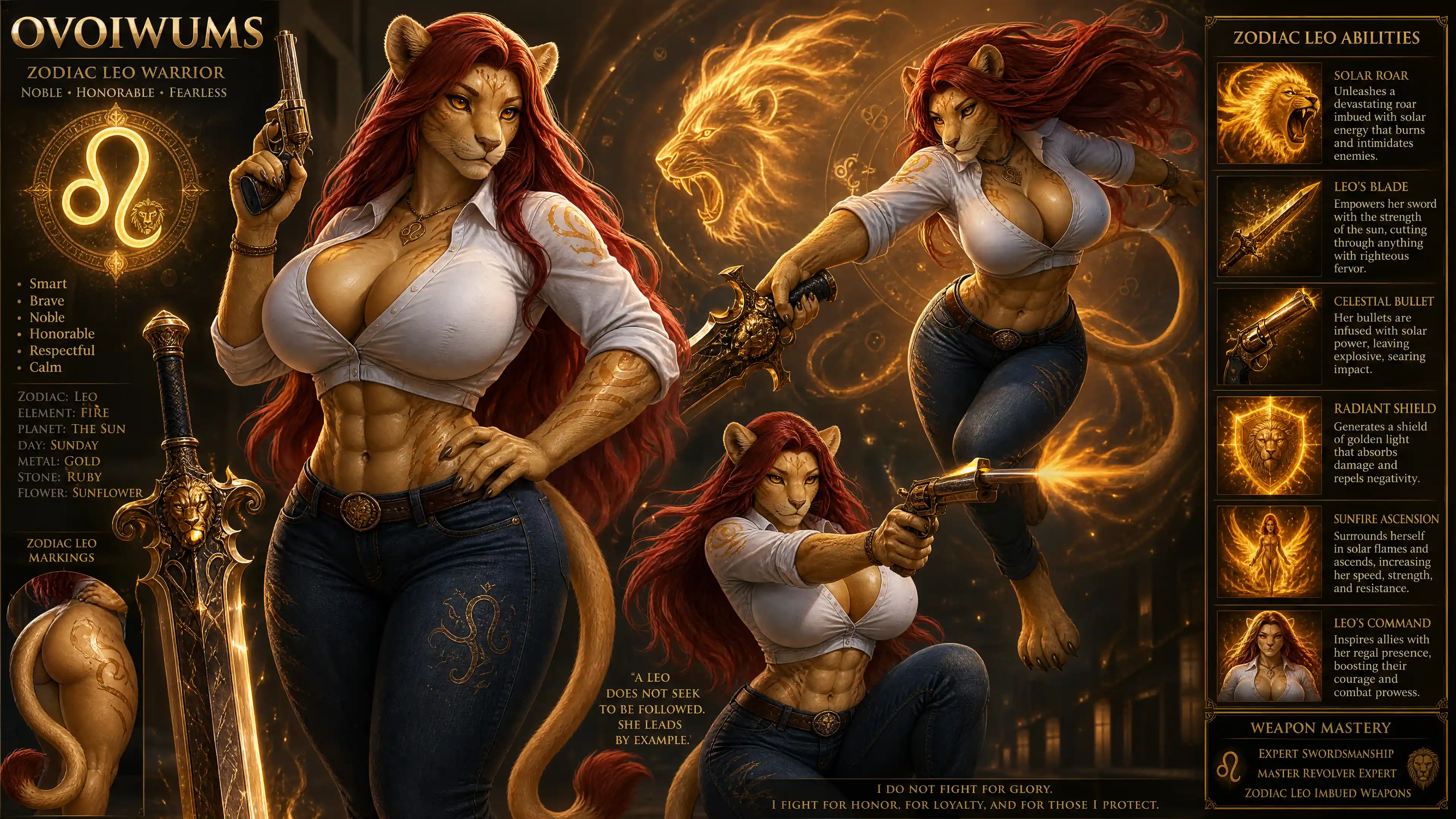 Anthro lion warrior woman with sword and revolver