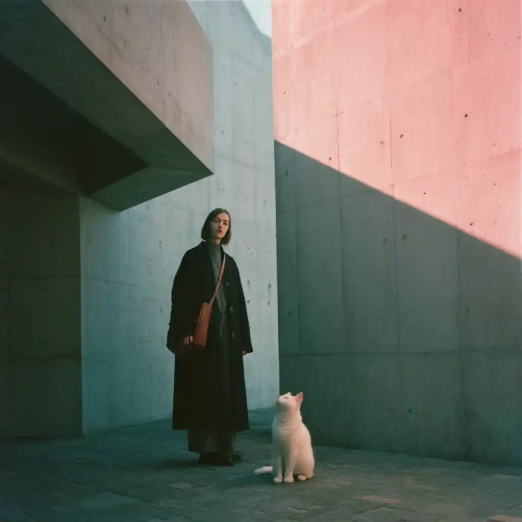 Woman in black coat with cat in concrete courtyard