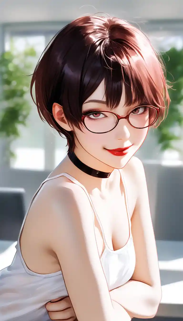 Young woman leaning forward in casual office portrait