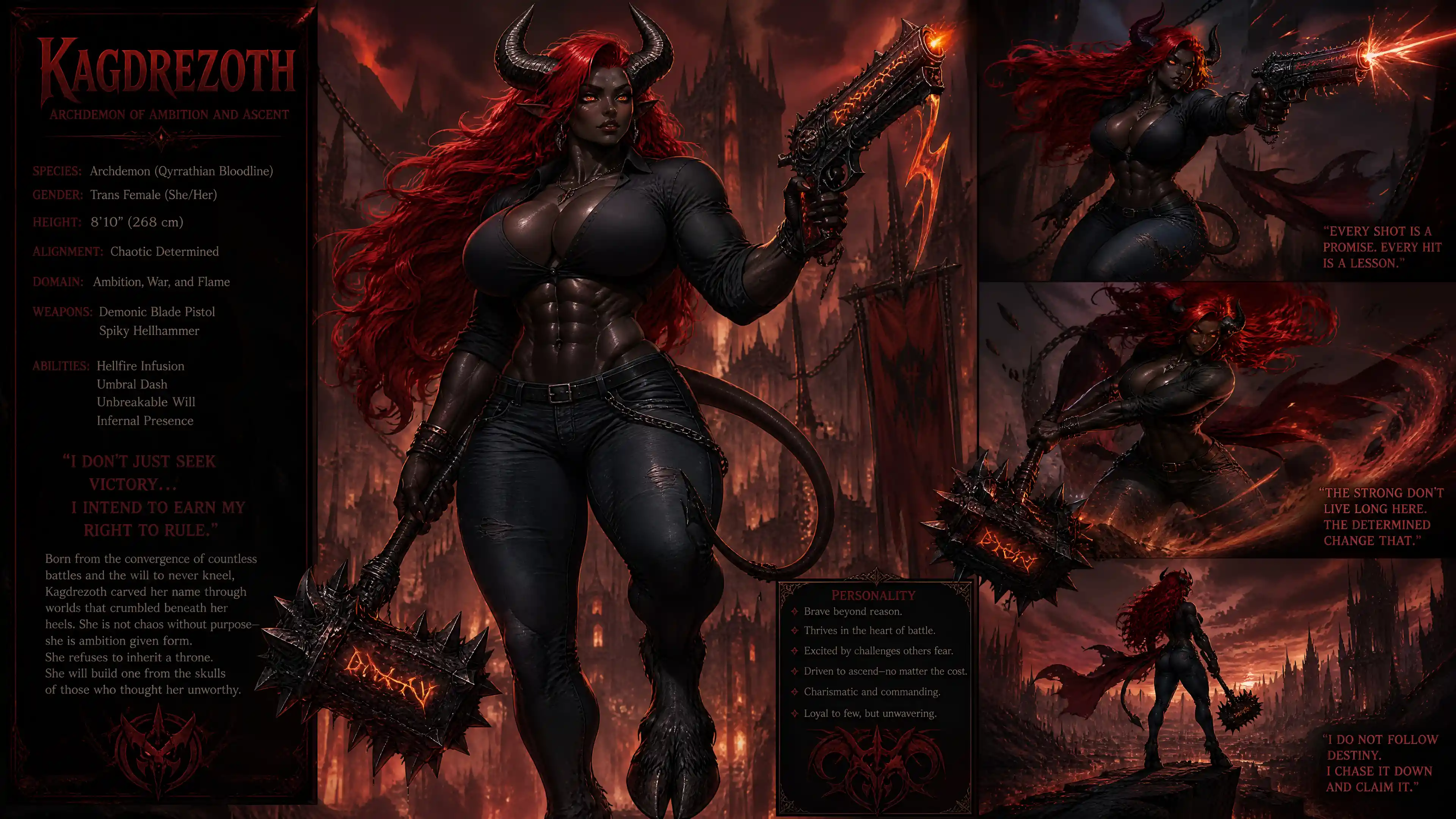 Tall horned demon woman with fiery hair and weapons