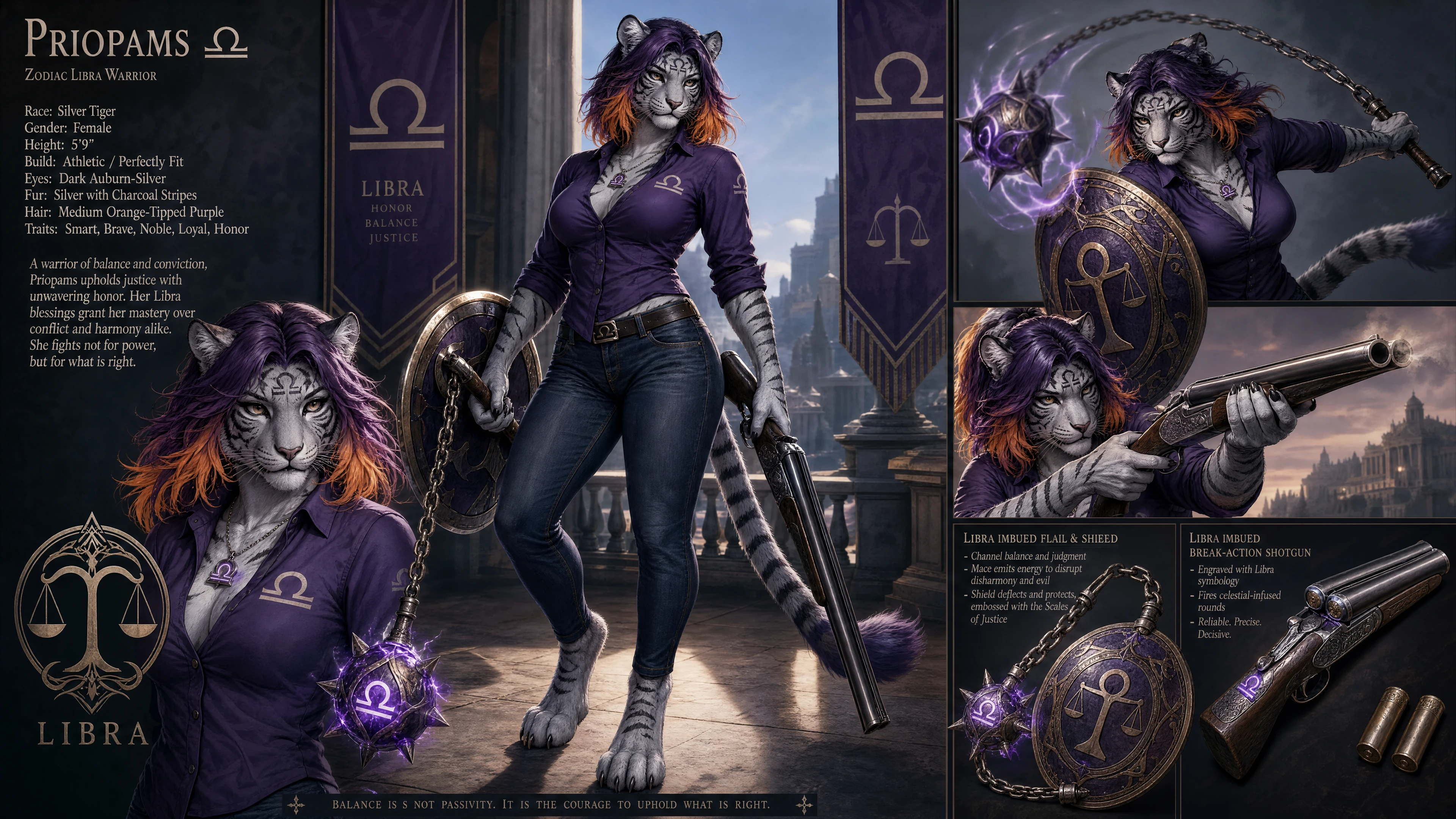 Anthro silver tiger girl with flail shield and shotgun
