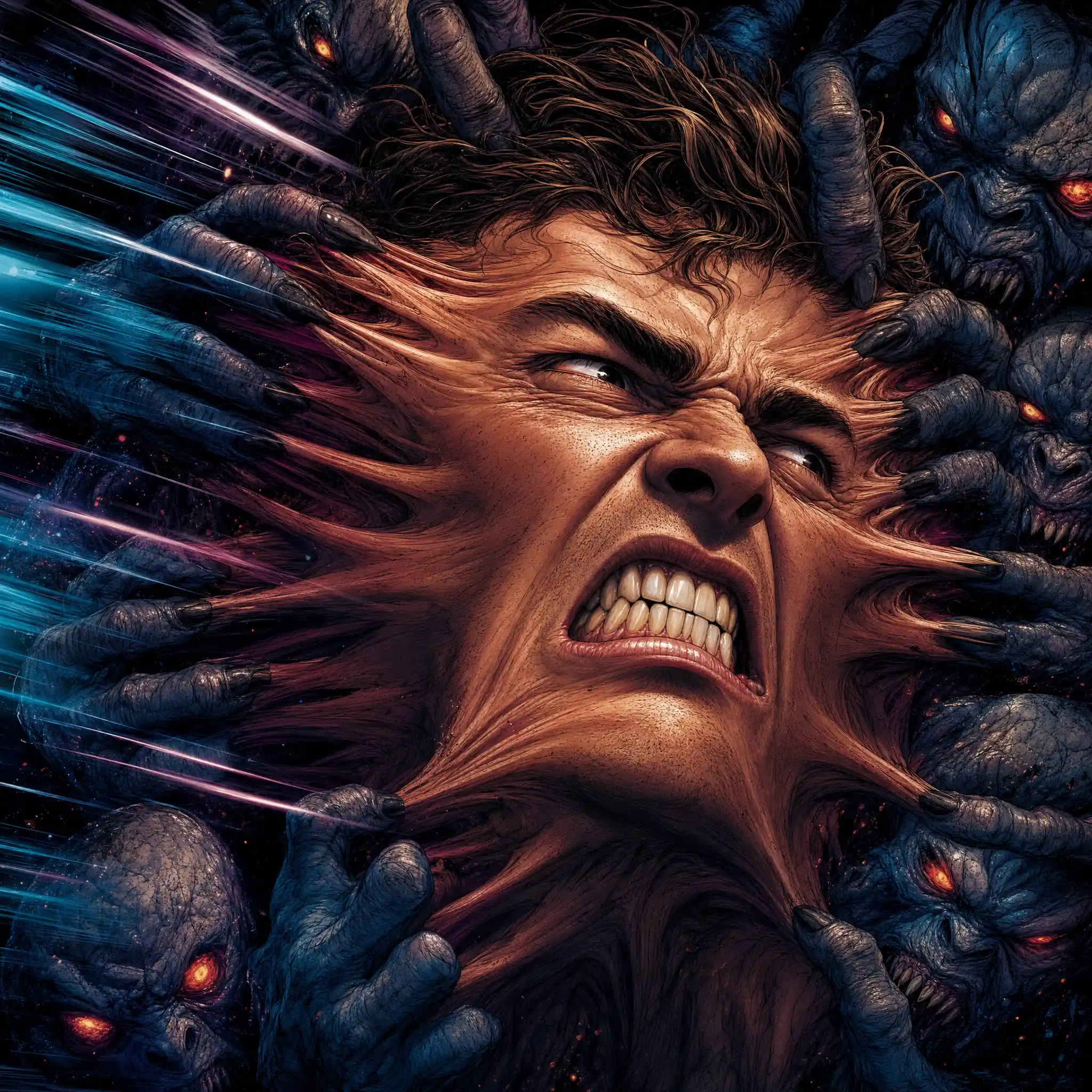 Extreme close up of a man stretched by demonic hands