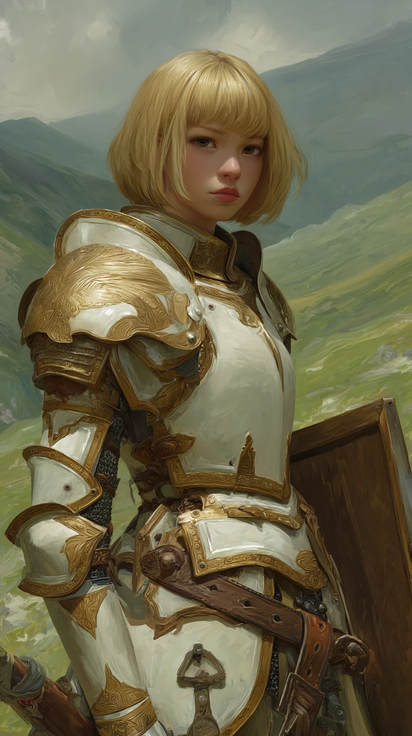 Fantasy paladin portrait on a grassy hillside
